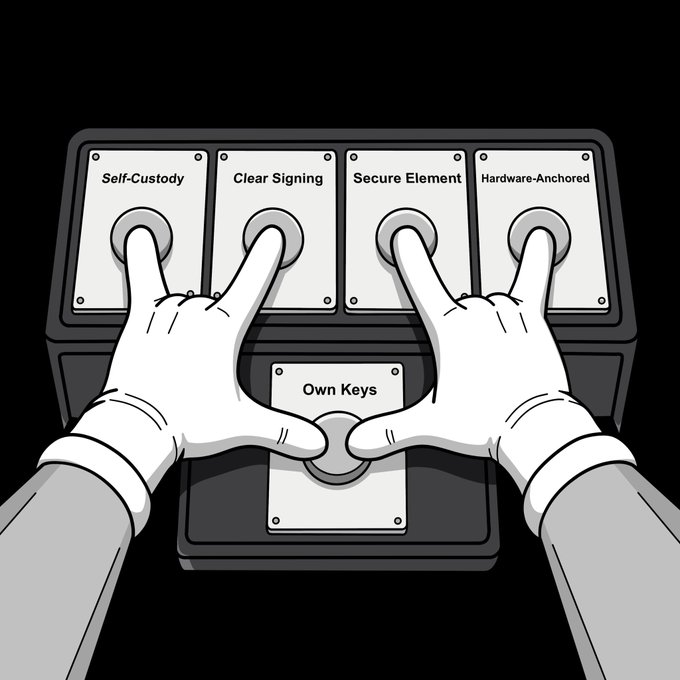 Two cartoon hands simultaneously press four buttons labeled "Self-Custody," "Clear Signing," "Secure Element," and "Hardware-Anchored," while cradling a fifth button marked "Own Keys" between them—visually expressing the message that users shouldn't have to pick just one security feature when they can have all of them at once.