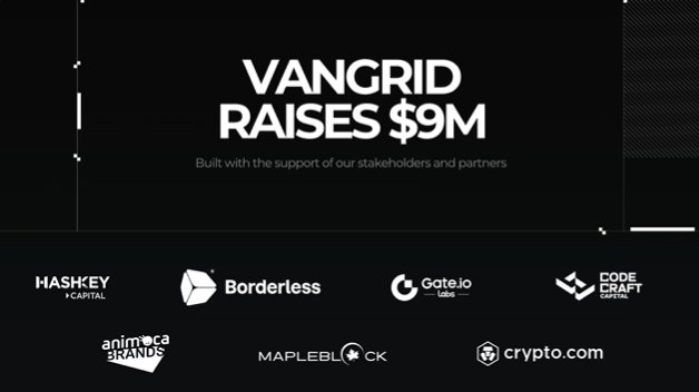 A promotional graphic announces "VANGRID RAISES $9M," crediting stakeholders and partners, with logos of investors and collaborators including HashKey Capital, Borderless, Gate.io Labs, Code Craft Capital, Animoca Brands, Mapleblock, and Crypto.com. The image ties to the post by highlighting Vangrid's $9M funding milestone, underscoring its approach to Physical AI through distributed, ground-level real-world data collection.