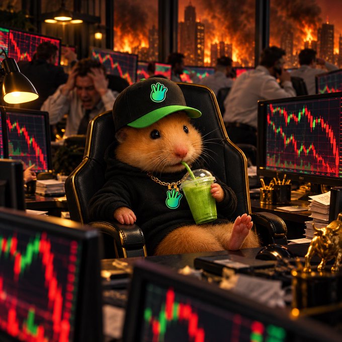 A hamster wearing a black cap with a green hand logo and a matching black hoodie, sitting in an office chair drinking a green beverage through a straw, surrounded by monitors showing crashing red stock charts with a city on fire in the background.