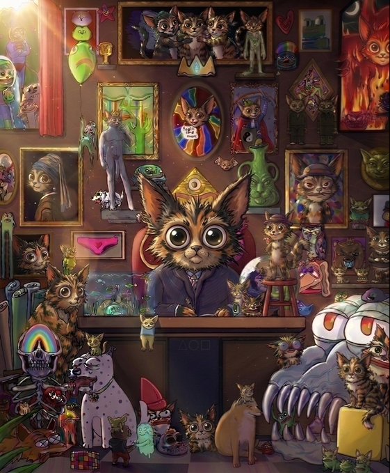 A whimsical digital illustration of a cat in a suit at a desk surrounded by numerous other cats, framed portraits, and surreal art objects in a cluttered, gallery-like room.