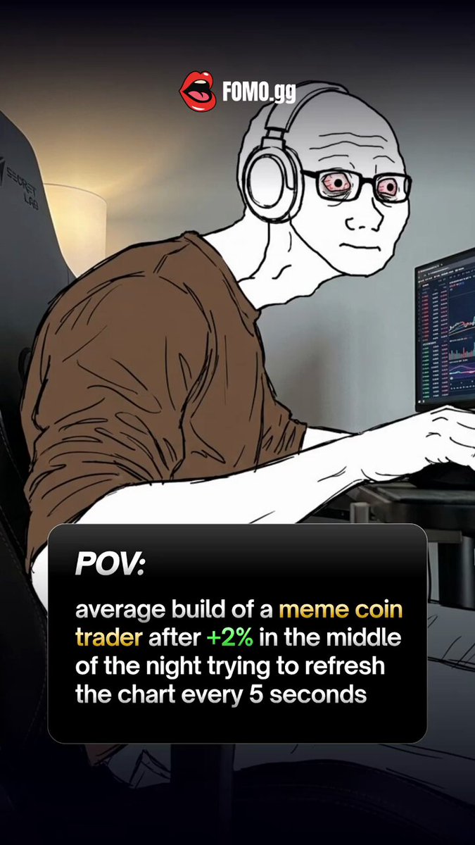 The image shows a man sitting down, wearing headphones while working on his computer with an animated drawing of him as a meme creator. The text below the meme features information about the average build time for a meme coin, trader after trading, and a chart refresh frequency. This image is likely related to a cryptocurrency post or meme page where memes are being created or discussed.
