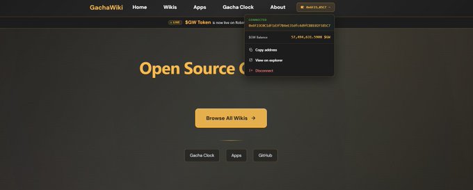 A screenshot of the 'GachaWiki' website homepage with the heading 'Open Source' and a wallet interface showing a SUI balance of 37,494,411.1998 sui.