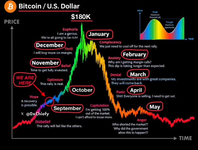 A Bitcoin/USD price chart illustrating market psychology through different emotional phases from 'Disbelief' in September to 'Anger' in May, with stages including Hope, Optimism, Thrill, Euphoria, Complacency, Anxiety, Denial, Panic, and Capitulation, peaking around $180K.