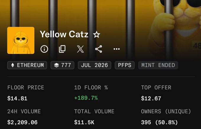 The image shows an NFT collection called "Yellow Catz" on Ethereum, featuring a floor price of $14.81 with a +189.7% increase over 1 day, total volume of $11.5K, and 395 unique owners. This aligns with the post's excitement about the collection recovering, as the steep green percentage gain reflects the rebound the user noted after a previous dip.