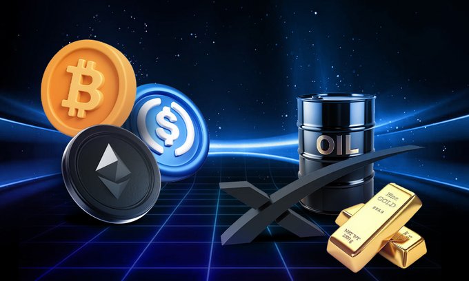 A digital illustration displays various assets including Bitcoin, USD Coin, Ethereum, an oil barrel labeled "OIL", gold bars, and a sword against a dark blue starry background.