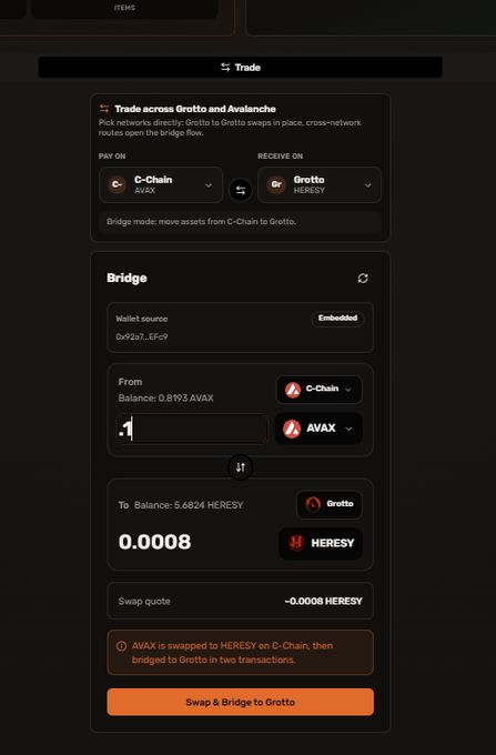 The image shows a trade screen from the trading platform @TheGrottoL1, which appears to be set against a black background. The main focus of the image is a list of different cryptocurrencies that users can trade using the new @TheGrottoL1 bridge experience. There are several cryptocurrency options available on the screen, such as AVAX and the Grotto Chain. 

In addition to the list of cryptocurrencies, there are buttons for users to navigate through the trading process or fund their embedded wallet. The post also mentions that users can easily swap between the different currencies using the C-Chain, which facilitates a seamless experience on this trading platform.