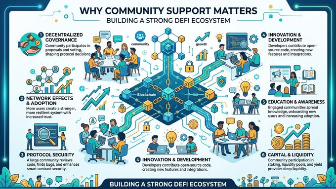 The image is an infographic titled "WHY COMMUNITY SUPPORT MATTERS: BUILDING A STRONG DEFI ECOSYSTEM," featuring a central blockchain illustration surrounded by six key pillars: 1) Decentralized Governance, 2) Network Effects & Adoption, 3) Protocol Security, 4) Innovation & Development, 5) Education & Awareness, and 6) Capital & Liquidity. It visually reinforces the post's message about how DeFi platforms like JUST thrive through active community participation, open-source contributions, and collective trust rather than relying solely on technology.