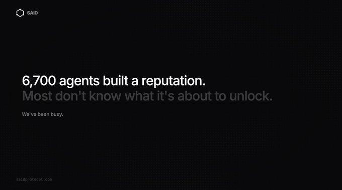 The image displays a dark-themed graphic with the "SAID" logo in the top left corner, featuring the text "6,700 agents built a reputation. Most don't know what it's about to unlock." along with "We've been busy." and the website "saidprotocol.com" at the bottom. The visual reinforces the post's teaser about a milestone of 6,700+ verified agents building on-chain reputation and hints at a major reveal coming Monday.
