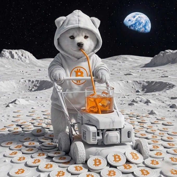 An AI-generated image of a small white dog in a Bitcoin-themed hoodie pushing a lawnmower across a moon-like surface covered in Bitcoin coins, pouring a drink from a glass in a surreal space setting with Earth visible in the background.