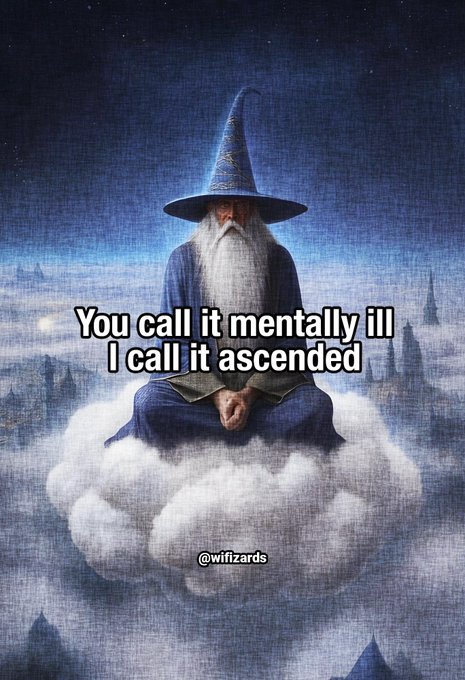 A wizard with a long white beard sits cross-legged on a floating cloud wearing a blue robe and pointed hat, with text reading "You call it mentally ill I call it ascended" and "@wifwizards." The meme humorously frames the refund situation from the accompanying post as a sign of visionary foresight, suggesting the wizard's "ascension" (or the project owner's) saw the reveal becoming free all along.