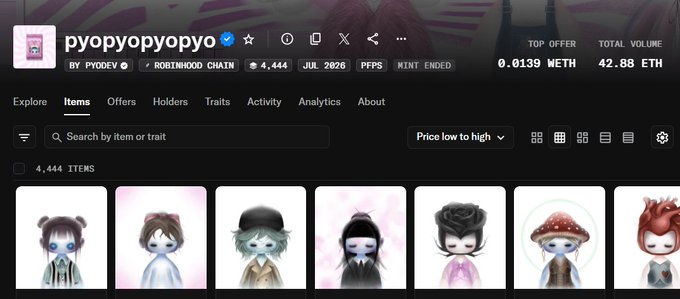 Screenshot of an NFT marketplace page for the 'pyopyopyopyo' collection, showing 4,444 items with a top offer of 0.0139 WETH and total volume of 42.88 ETH on the Robinhood Chain.