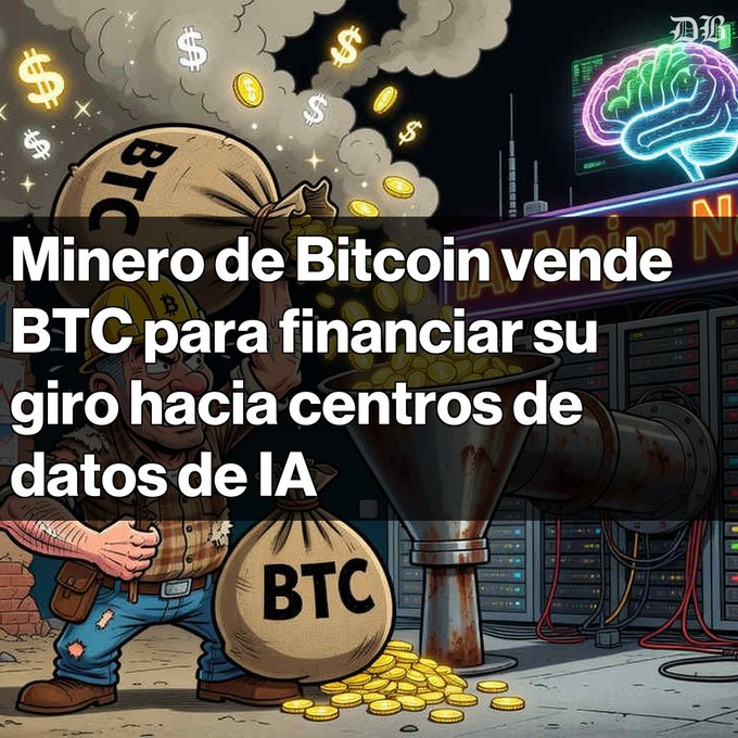 A Spanish-language news graphic stating 'Minero de Bitcoin vende BTC para financiar su giro hacia centros de datos de IA', depicting a Bitcoin miner converting crypto into AI infrastructure.