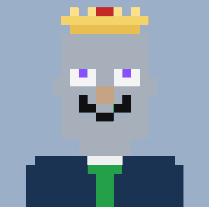 Pixel art illustration of a gray character with purple eyes, wearing a yellow crown and a blue suit with a green tie, set against a light blue background.