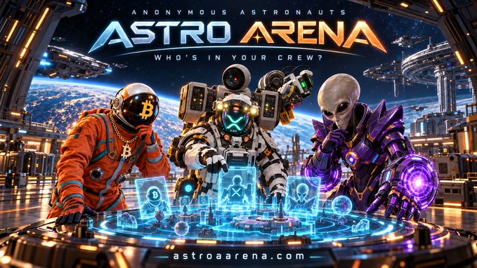 Promotional artwork for 'Astro Arena' featuring the tagline 'Anonymous Astronauts - Who's in your crew?' at astroarena.com, depicting a Bitcoin astronaut, a robot, and an alien in a futuristic spaceport setting.