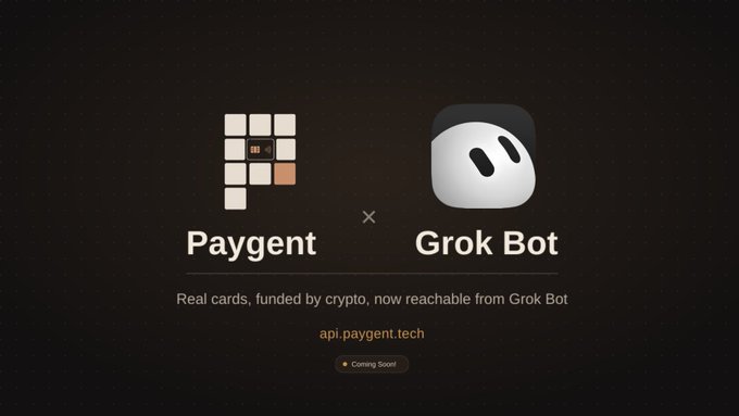A dark promotional graphic for a partnership between "Paygent" and "Grok Bot," advertising "Real cards, funded by crypto, now reachable from Grok Bot" at api.paygent.tech.