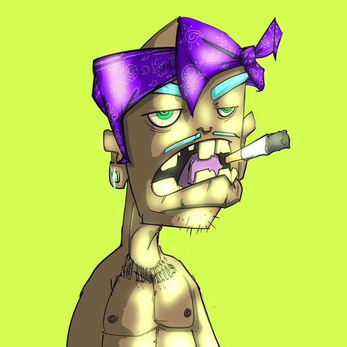 A cartoon illustration of a zombie-like character with green eyes, a missing tooth, a cigarette in his mouth, and a purple bandana on his head, set against a lime green background.