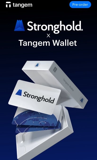 A promotional graphic for a Tangem Wallet collaboration with Stronghold, showing the wallet card and packaging against a dark blue background with a 'Pre-order' button.