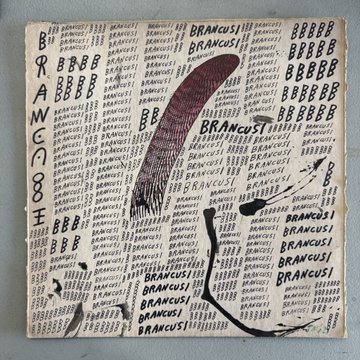 urn of red liquid with a black feather, accompanied by the word "Brancusi" and "brancusi!" on a white background.