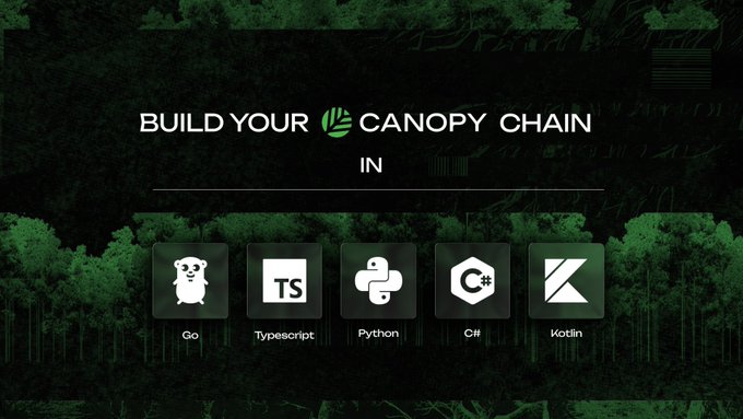 A dark green promotional graphic for Canopy Chain reading 'BUILD YOUR CANOPY CHAIN IN' with programming language icons for Go, Typescript, Python, C#, and Kotlin.