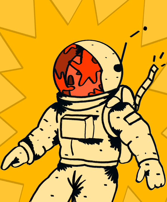 A cartoon-style astronaut with a red helmet visor and antenna wearing a cream-colored spacesuit, set against a bright yellow background with star shapes.