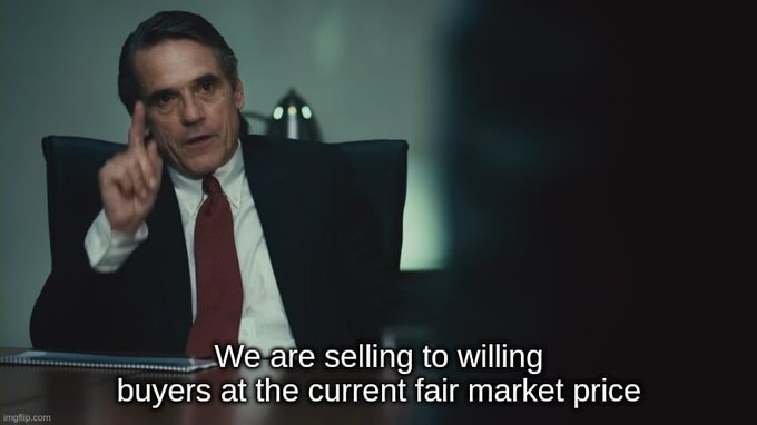 Jim Cramer points his finger while seated at a desk, with the caption "We are selling to willing buyers at the current fair market price," suggesting a decisive market call that the post agrees with simply by responding "Oui." (French for "yes").