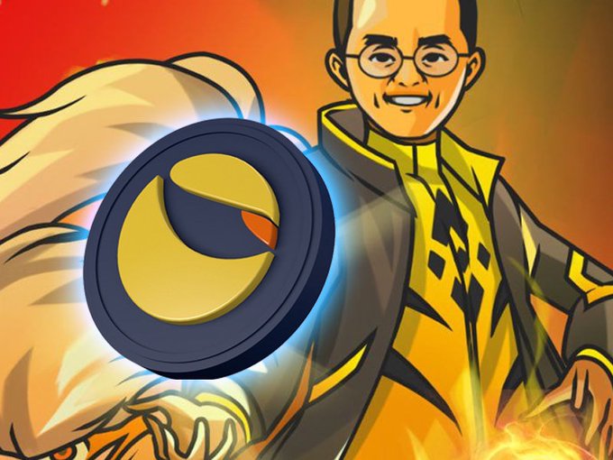 A cartoon character with glasses, a yellow vest, and flowing blonde hair stands confidently beside a glowing LUNC token emblem, embodying the optimistic "Burn + Build = $1" sentiment expressed in the post. The fiery orange background and the character's heroic pose visually reinforce the call for the LUNC community to stay patient and rally around burning tokens.