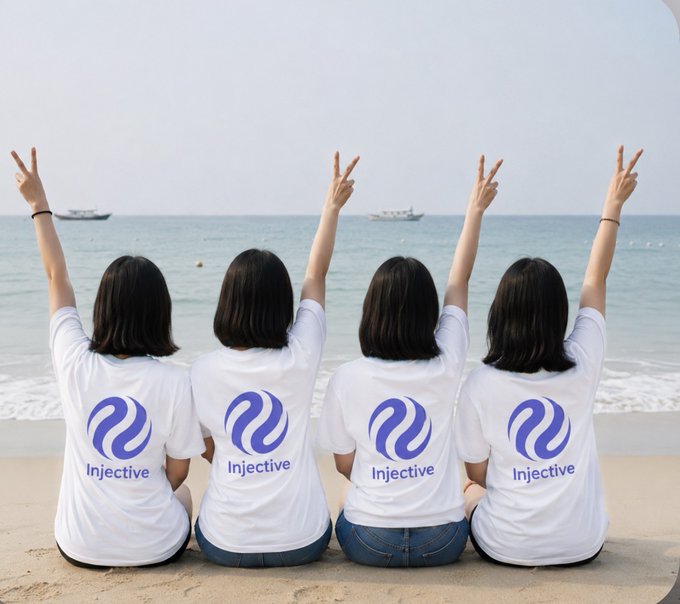 The image shows a group of four people sitting together on a beach, with their arms raised in victory or celebration. They are all wearing white t-shirts that have blue logos for "Injective", indicating they might be part of an organization or team. The text in the image reads "Happy weekend fam! What a week for the @injective community. $INJ is showing strong momentum, positive news keeps coming, and confidence is growing across the ecosystem." This suggests that the group has had a successful event or accomplishment related to Injective, and they are now taking time off to enjoy their victory together on the beach.