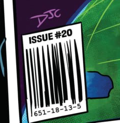A close-up of a comic book or magazine cover featuring a barcode with the text 'ISSUE #20' and the numbers '651-18-13-5' against a green and purple background.