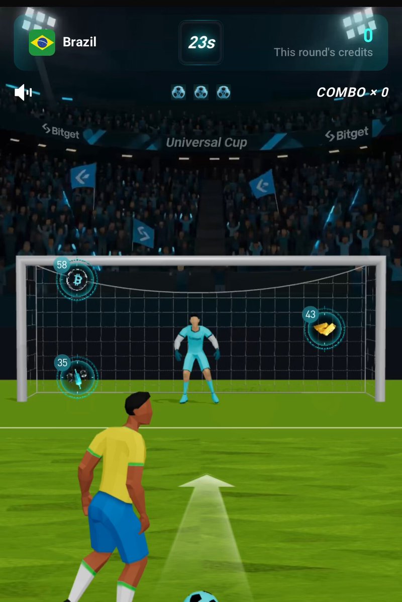 The image features a soccer game with a man dressed in yellow and blue standing next to a goal, ready to kick the ball towards the goalpost. The background of the image shows an empty stadium filled with spectators, indicating that this could be a professional or competitive match. There are also flags visible in the scene, which might represent different teams or countries participating in the game.