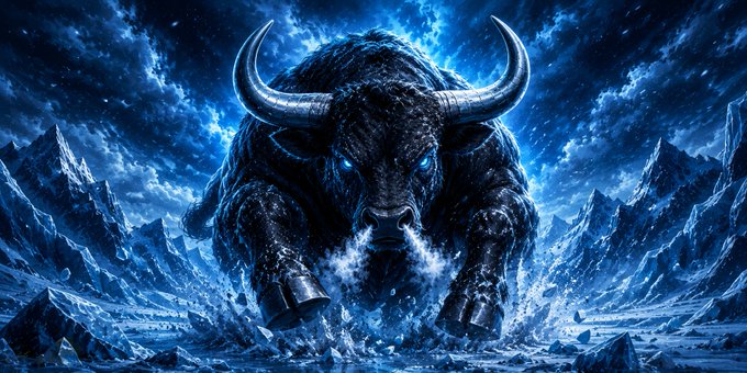 A dramatic digital artwork of a massive, charging bull with glowing blue eyes, set against a stormy electric blue sky and icy mountainous terrain.