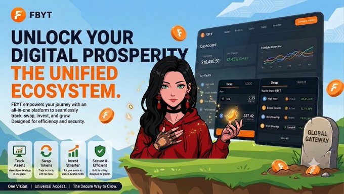 The image is an advertisement for a digital prosperity platform called @FBYTio. It features an illustration of a woman wearing a red shirt holding a coin, with a bird flying beside her, and a landscape background depicting mountains under a blue sky. The post includes text about how to get attention in web3 easily by using the platform's user-friendly approach.