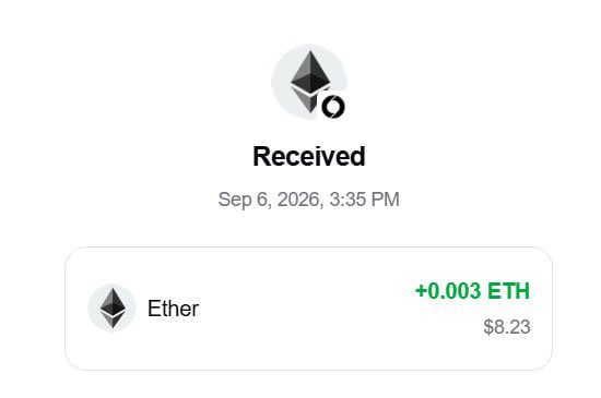 A transaction confirmation screen showing "Received" 0.003 ETH (Ether) valued at $8.23 on September 6, 2026, corroborating the post's claim of earning $8 from the Claw Machine Mini App.