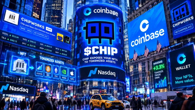 A busy cityscape featuring multiple large digital billboards advertising Coinbase, Nasdaq, and CHIPWORKS with text such as "CHIP Exposes Your NFTs to Tokenized Assets," "TOKENIZED ASSETS," and stock ticker information.