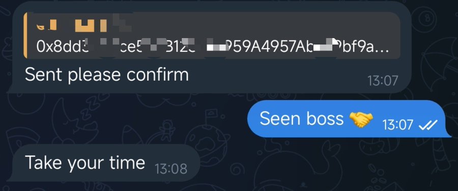A Telegram chat screenshot shows a crypto transaction confirmation with the wallet address starting "0x8dd3..." and ending "...bf9a," where the user asked "Sent please confirm" and received the reply "Seen boss" with a handshake emoji, followed by "Take your time." This represents the successful completion of a crypto payment, celebrating the user's "second win in September" as described in the post.