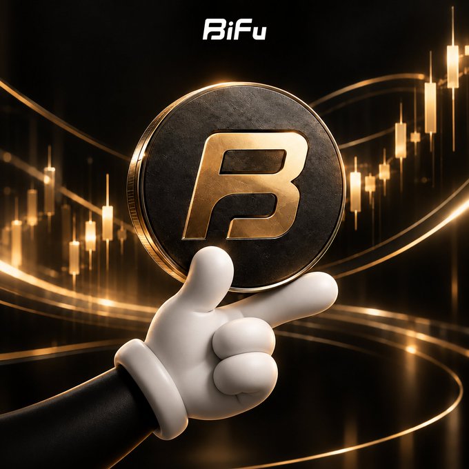 A promotional graphic displays the 'BiFu' logo above a gold coin featuring a 'B' symbol, held by a cartoon hand against a background of golden candlestick charts.