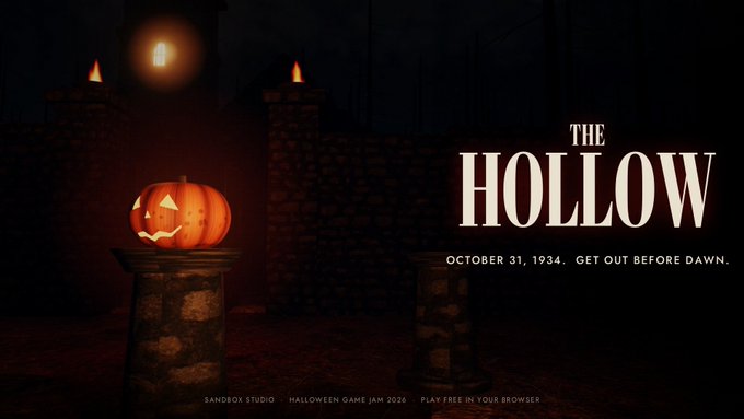 Promotional artwork for 'The Hollow,' a Halloween game jam 2026 entry by Sandbox Studio, featuring a glowing jack-o'-lantern on a stone pedestal with the tagline 'OCTOBER 31, 1934. GET OUT BEFORE DAWN.'