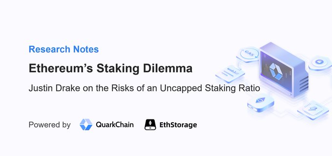 A research notes header titled "Ethereum's Staking Dilemma" with the subtitle "Justin Drake on the Risks of an Uncapped Staking Ratio," powered by QuarkChain and EthStorage, alongside an isometric illustration of blockchain components.