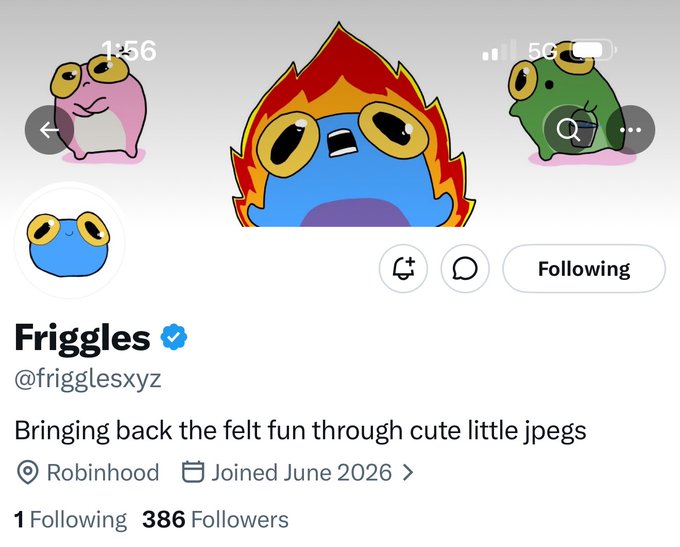 A screenshot of a Twitter/X profile for "Friggles" (@frigglesxyz), a verified account with 386 followers featuring colorful cartoon blob character artwork (pink, blue with flames, and green) as the banner. The bio reads "Bringing back the felt fun through cute little jpegs," with a location of Robinhood and joined date of June 2026—matching the post's announcement of an upcoming NFT mint with a 5555 supply.
