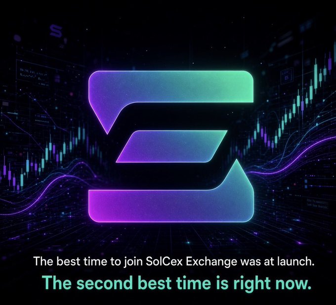 A SolCex Exchange promotional graphic with a glowing logo stating 'The best time to join SolCex Exchange was at launch. The second best time is right now.'