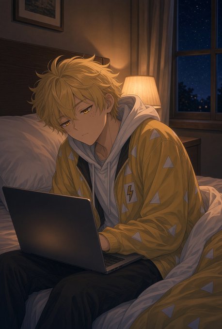 An anime-style illustration shows a blonde-haired boy in a yellow patterned hoodie sitting on a bed, looking at a laptop in a dimly lit room with a starry night sky visible through the window.