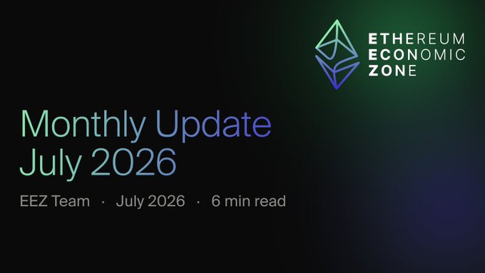 A dark-themed graphic featuring the Ethereum Economic Zone logo in the top-right corner, with a gradient title "Monthly Update July 2026" by the EEZ Team, described as a 6-minute read. The image serves as a header for a blog post covering EEZ's developments aimed at bridging Ethereum L1 and L2 fragmentation.