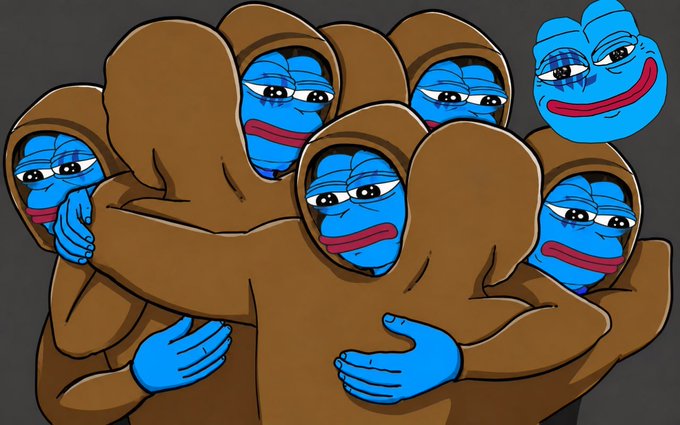 Multiple sad Pepe the Frog characters huddle together in brown hooded cloaks against a gray background. The image serves as a visual representation of disappointment or collective sorrow, fitting for a post sharing "sad" news about the crypto space, including the delayed B20 implementation, a massive 2.5 billion USDT burn, and Solana's growing milestones.