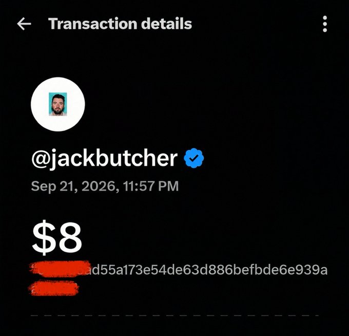 A screenshot of a Venmo transaction details page showing an $8 payment sent to verified user @jackbutcher on Sep 21, 2026, at 11:57 PM, with parts of the transaction ID redacted.

The image confirms a small $8 tip sent to Jack Butcher via Venmo, aligning with the post where the user references "X75 times like in 2023" while testing an anti-theft wallet sent from the US.