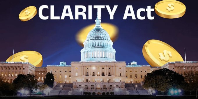 The U.S. Capitol building at night overlaid with the text 'CLARITY Act' and large golden coins bearing dollar signs floating in the sky.