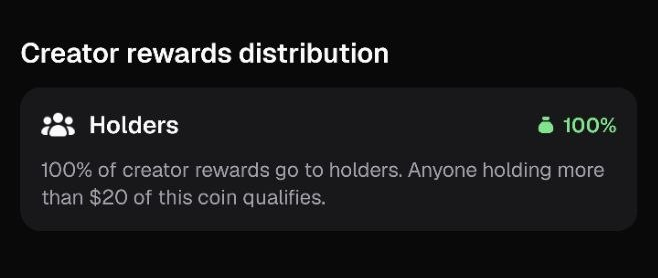 The image displays a "Creator rewards distribution" panel showing that 100% of creator rewards go to $BOBO holders who hold more than $20 of the coin, reinforcing the post's enthusiasm for the token's holder-focused reward structure.