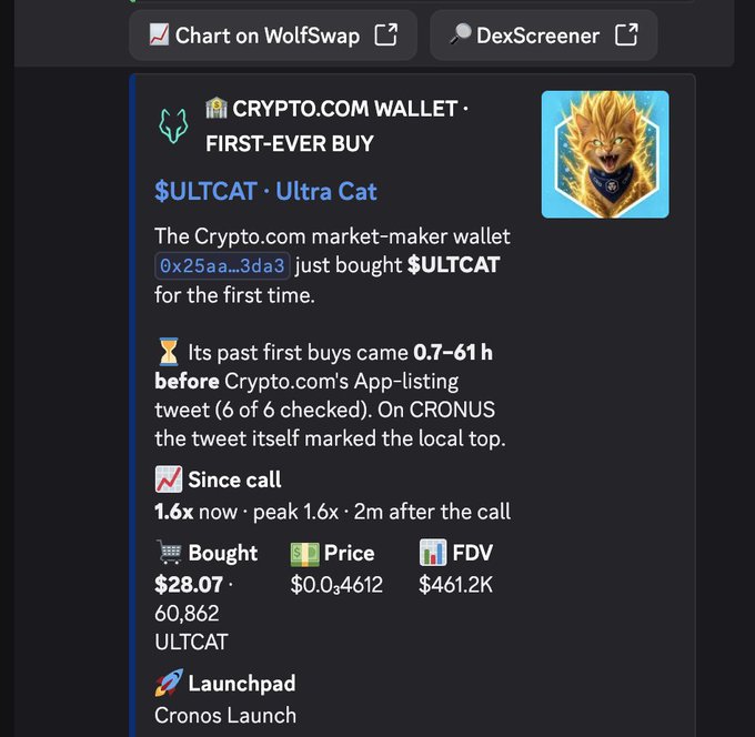 A trading alert screenshot indicating that the Crypto.com market-maker wallet made a first-ever buy of $ULTCAT (Ultra Cat), listing the purchase price, FDV, and launchpad information.