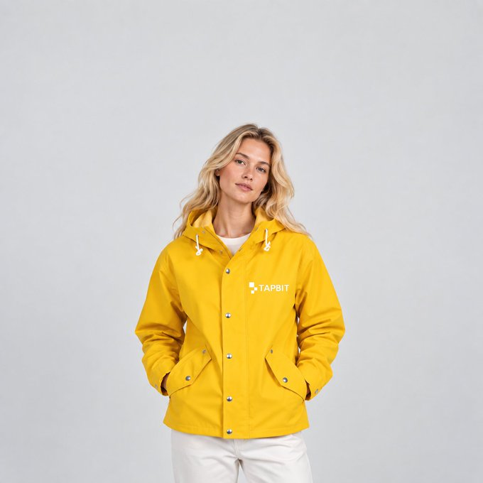 A blonde woman modeling a bright yellow hooded rain jacket with the 'TAPBIT' logo on the chest, paired with white pants.