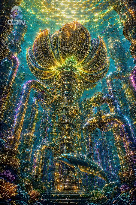 A vibrant, detailed digital artwork depicting an underwater futuristic city with a lotus-shaped golden structure, surrounded by glowing buildings, fish, and a dolphin in a teal-lit ocean.