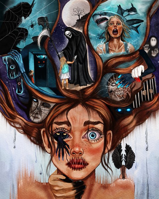 A surreal, dark illustration depicting a girl with a stitched-together mouth and a black figure emerging from her eye, surrounded by floating nightmares including a grim reaper, sharks, a haunted door, and creepy hands.