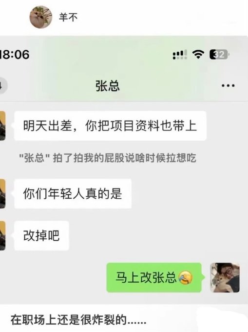 A WeChat screenshot shows a conversation where "张总" (Boss Zhang) tells the user "明天出差，你把项目资料也带上" (When you go on a business trip tomorrow, bring the project materials), followed by the user changing his nickname to "羊不" and "张总" commenting "你们年轻人真的是" (You young people really are...) and "改掉吧" (Change it back), while a note explains "张总拍了拍我的屁股说啥时候拉想吃" (Boss Zhang patted my butt and said when he wants to eat lamb), to which the user replies "马上改张总" (I'll change it right away, Boss Zhang) with a laughing emoji—fitting the post about Mr. Zhang not daring to pat the user again after the sheep-themed retaliation.